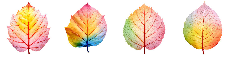 Fototapeta premium Brightly colored tropical leaves in a row isolated against black