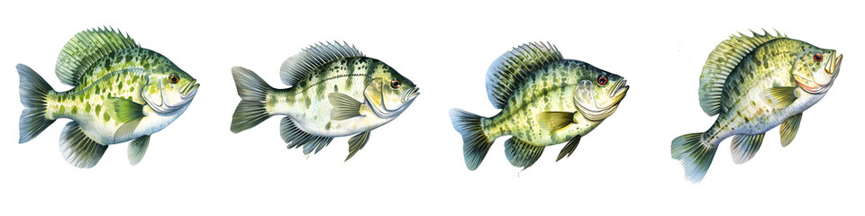 Fototapeta premium Illustration of four crappie fish with green and silver scales on a black background