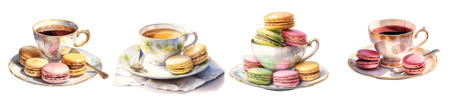 Watercolor painting of assorted macarons and tea cups on a black background