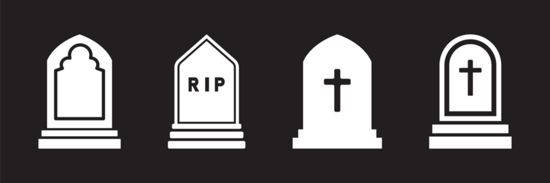 Gothic style headstone silhouettes featuring traditional grave shapes. Flat vector elements for horror-themed graphics, book covers, and flyers. Vector illustration.