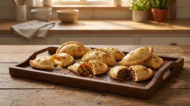 Freshly baked empanadas served on a wooden tray with cheese and meat fillings in a bright kitchen