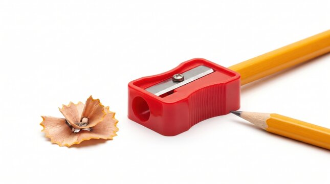 Red pencil sharpener with yellow wooden pencils and shaving isolated on white background.