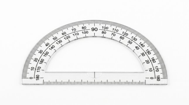Transparent plastic protractor tool for measuring angles isolated on white background.