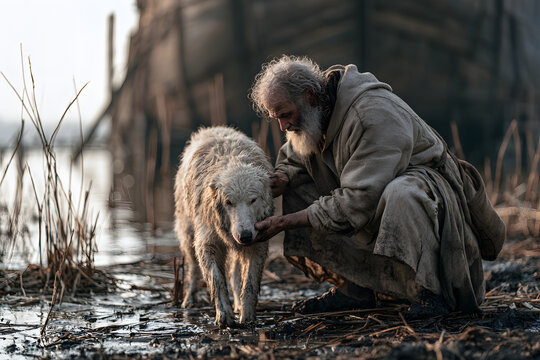 A bearded hermit in worn robes comforting a wet, shaggy dog on a muddy riverbank near a wooden vessel