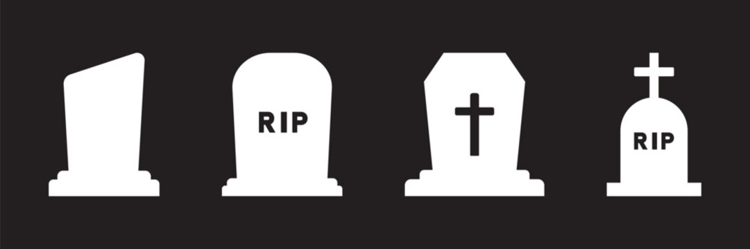 Symbolic gravestone and tombstone silhouettes representing mourning, death, and remembrance. Various headstone styles isolated on dark backdrop.