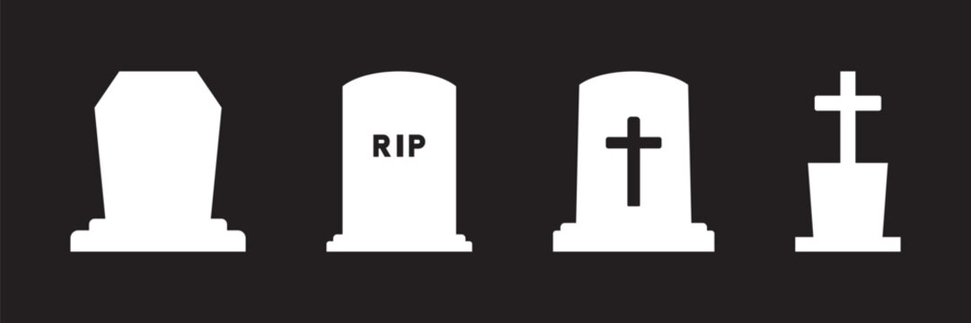 Set of white tombstone icons on a black background, including RIP grave marker and cross gravestone. High-quality vector graphics for UI/UX applications. Vector illustration.