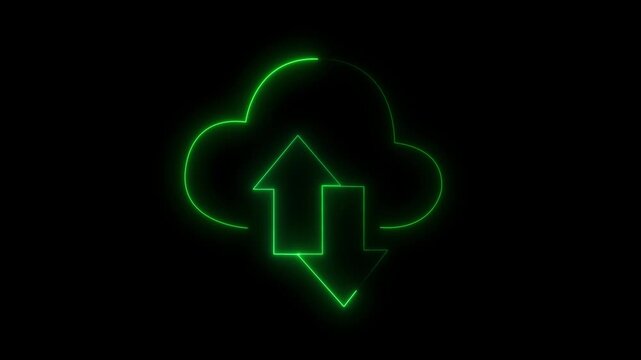 Neon green cloud computing with upload and download arrows animation data transfer neon light glowing digital technology