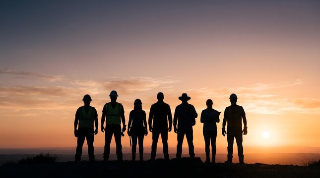 Diverse Workforce Silhouettes Standing Together at Sunset Representing Labor, Teamwork, Construction and Professional Unity
