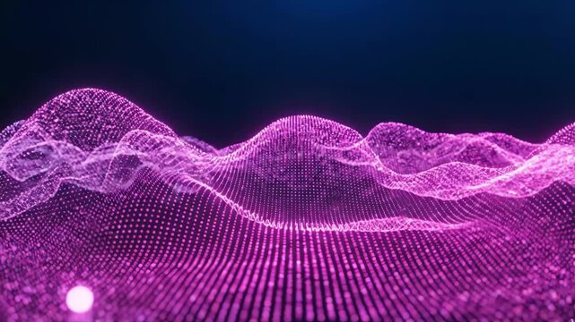Abstract digital landscape with glowing purple and blue particle wave mesh and floating spheres