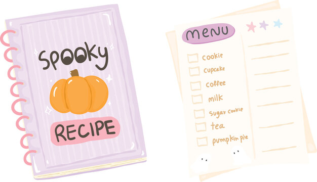 Hand drawn pastel halloween spooky recipe book and cafe menu illustration for cozy autumn bakery design
