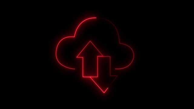 Neon red cloud computing with upload and download arrows animation glowing