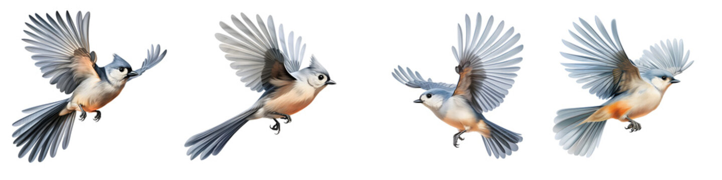 Four tufted titmice gracefully flying with their wings spread wide on a black backdrop