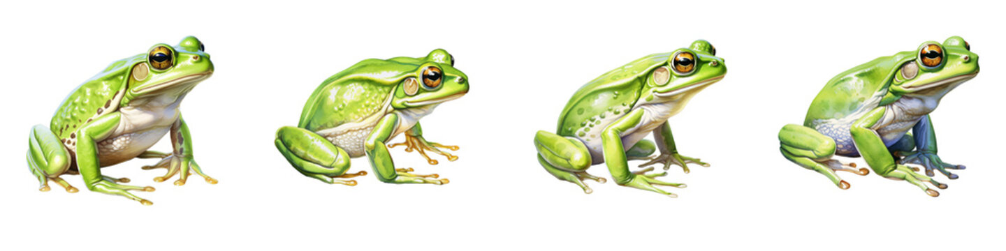 Four green tree frogs on a black background showcase amphibian diversity