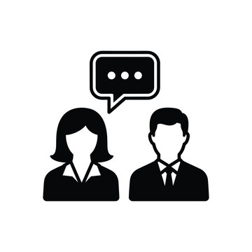 A black and white icon showing a man and a woman engaged in conversation