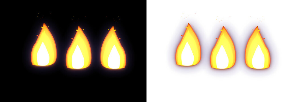 Three small yellow fire flame icons in pixel art style for retro video games and digital design projects on black and white background