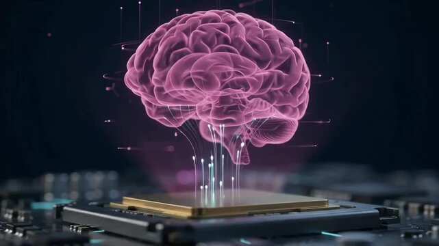 A conceptual video clip of a glowing pink holographic brain rising from a high-performance computer microchip on a circuit board, symbolizing artificial intelligence.