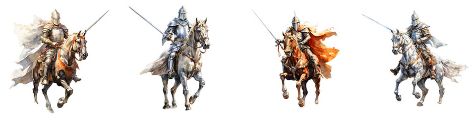 Naklejka premium Watercolor knights on horseback in shining armor march in formation across the black field