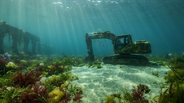 Abandoned excavator submerged underwater on a shallow sandy seabed with sun rays filtering through the water