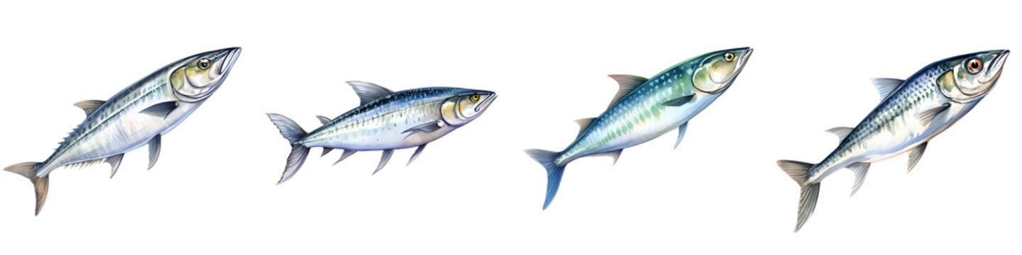 Four chub mackerel swim in various directions on a black background