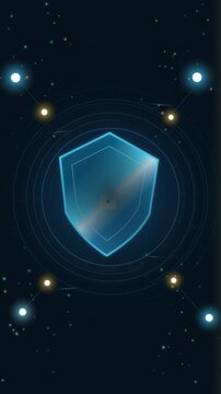 Cinematic cybersecurity shield with glowing digital network and data protection interface