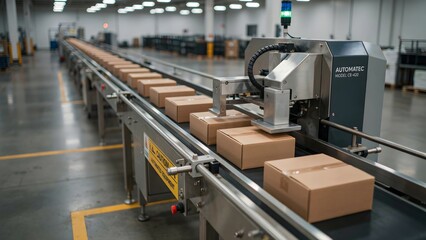 Fototapeta premium Automated Packaging System in Warehouse with Cardboard Box Conveyors