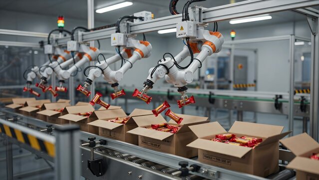 Automated Robotic Arms Packing Snacks in Modern Factory Setting