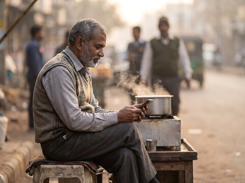 Senior man using smartphone at roadside tea stall