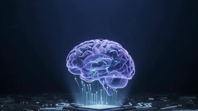Cinematic video of a glowing holographic human brain over a computer microprocessor on a dark circuit board.