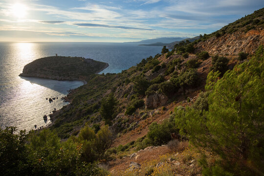 Epic coastal view to Trachili beach with ancient watchtower,Aegean sea, Chios, Greece