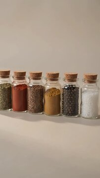 Minimalist glass jars with colorful spices and herbs product video, ai generated