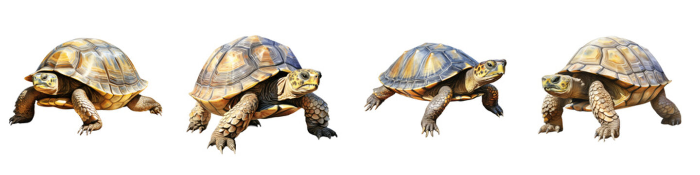 Four turtles in a row on a black background looking at viewer