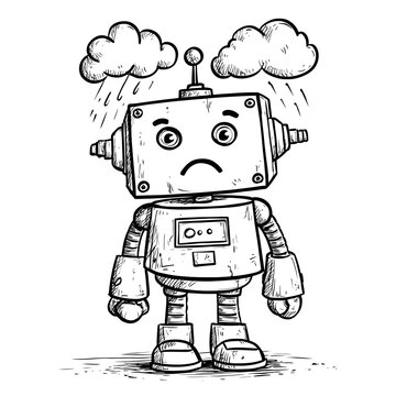 A vintage sad robot illustration experiencing metaphorical rainy day blues, conveying feelings of electronic distress and a melancholic outlook