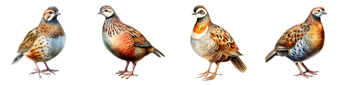 Watercolor painting featuring four different types of quail on a black background