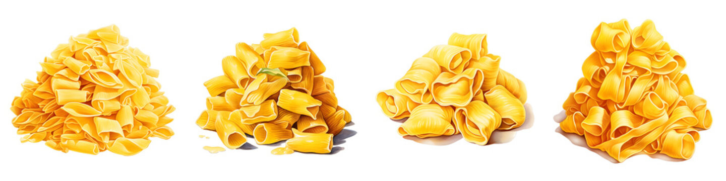 Assortment of vibrant yellow pasta types piled on top of each other against a black background