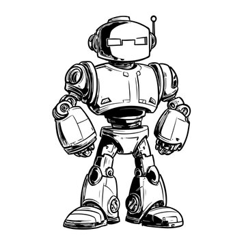 Black and White Detailed Line Art Illustration of a Retro Style Standing Robot Character