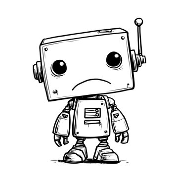 Cute sad little robot character sketch, black and white doodle illustration isolated on white background