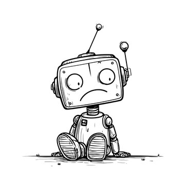 Hand-Drawn Illustration of a Sad Little Robot Sitting Alone in a Simple Black and White Line Art Style