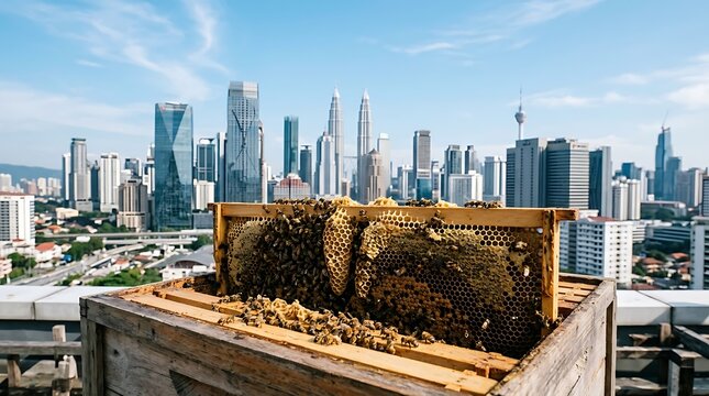 Honeybees working on a hive frame with modern city skyline background
