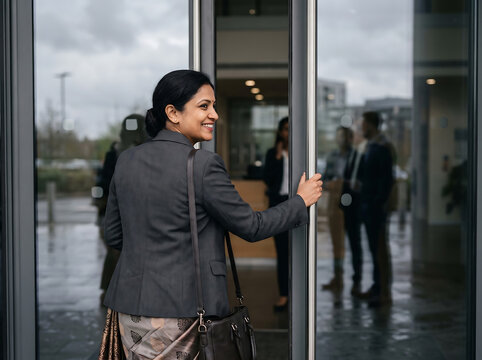 Businesswoman entering modern office building