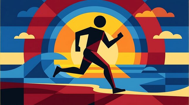 Stylized geometric runner jogging on a beach during sunset