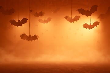 Fototapeta premium Hanging paper bats silhouettes floating in a bright orange fog