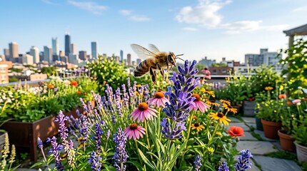 Fototapeta premium Honey bee pollinating lavender in a rooftop garden with city skyline