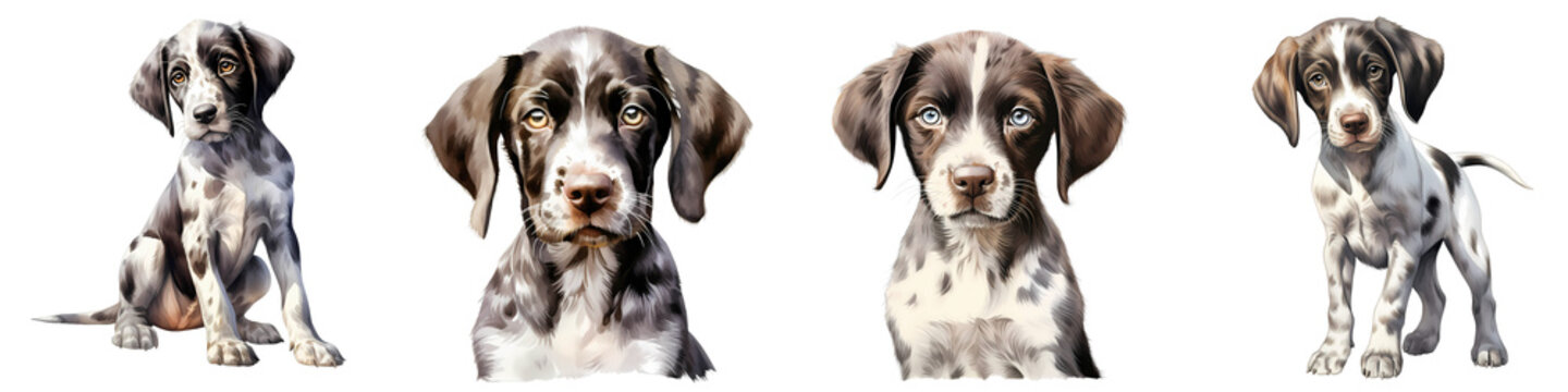 Portraits of cute braque d'auvergne puppies on a black background