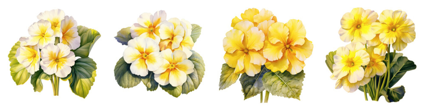 Collection of primrose flowers in full bloom with leaves on a black background