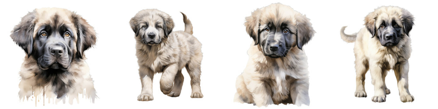 Group of adorable maremma sheepdog puppies with fluffy fur on a black background