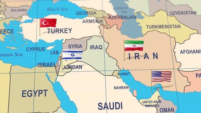 4K WORLD MAP FRONT TURKEY,AMERICA,ISRAEL,IRAN FLAG