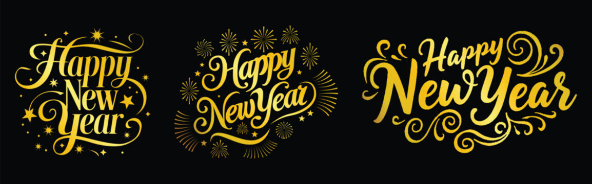 Happy New Year Typography Design Set &ndash; Elegant Festive Lettering, Celebration and Holiday Vector Collection