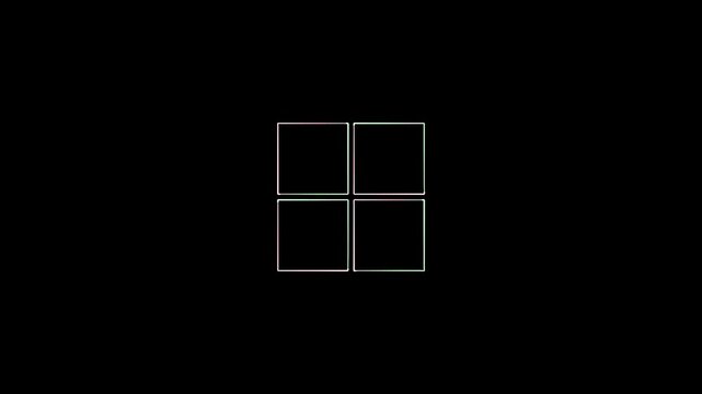 Minimalist loading spinner animation with four rotating square frames on black background, progress buffering