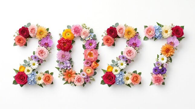 Number 2027 made of vibrant colorful flowers on white background, new year holiday concept, floral typography.
