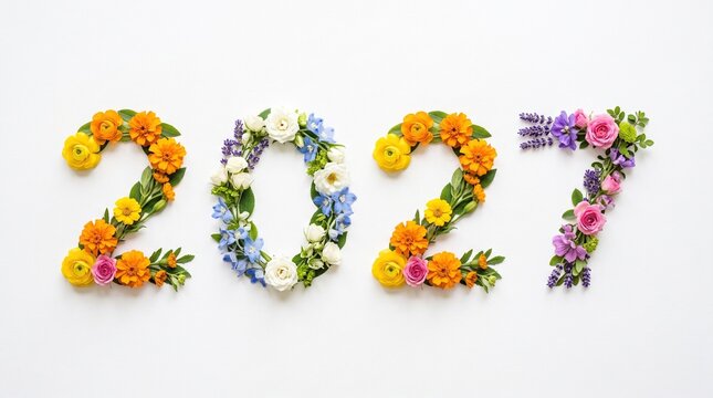 Number 2027 made of vibrant colorful fresh flowers arranged on white surface, new year background, spring floral concept.
